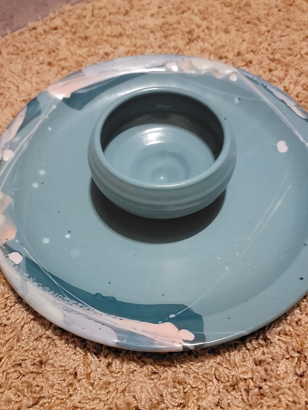Chip & Dip Pottery 13" Vintage 1989 Blue Pink Handmade